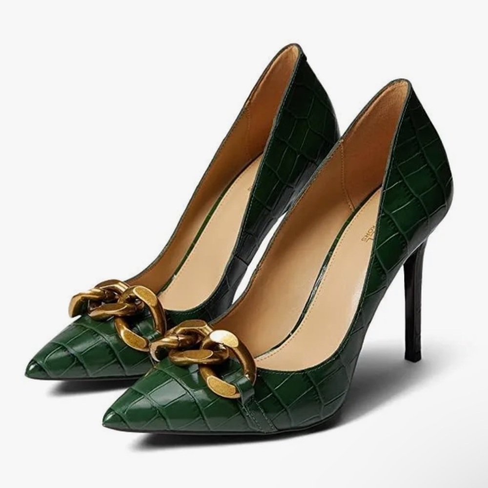 Michael Kors Dark Green Croc-Embossed Pointed Toe Pumps with Gold Chain
